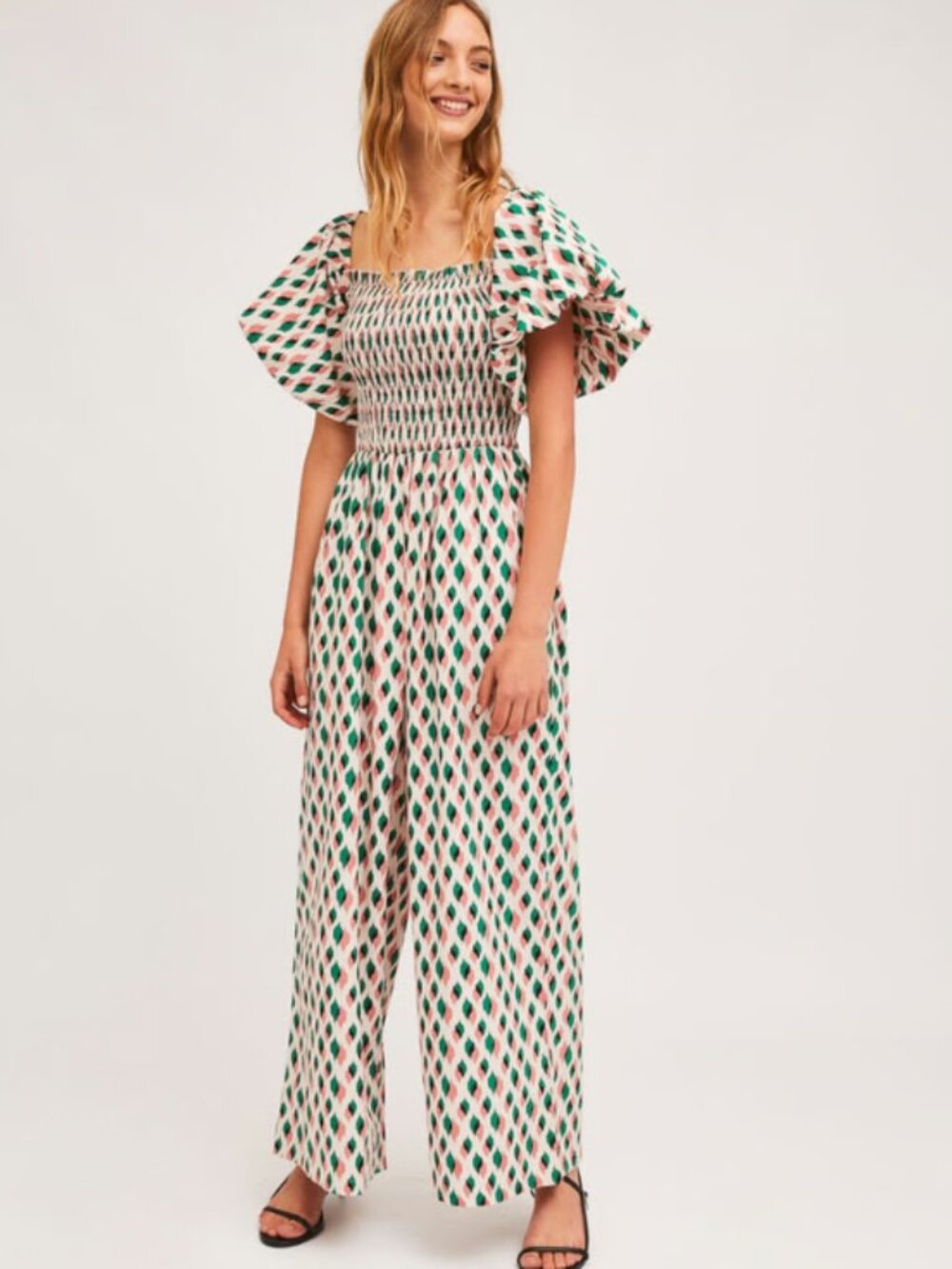 Smocked Jumpsuit With Puff Sleeve